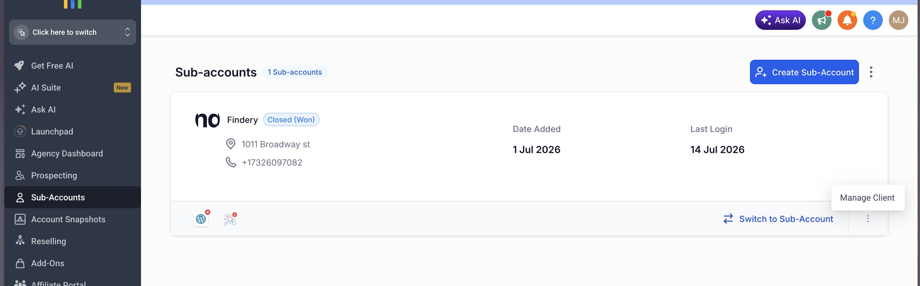 Manage Client option on a sub-account