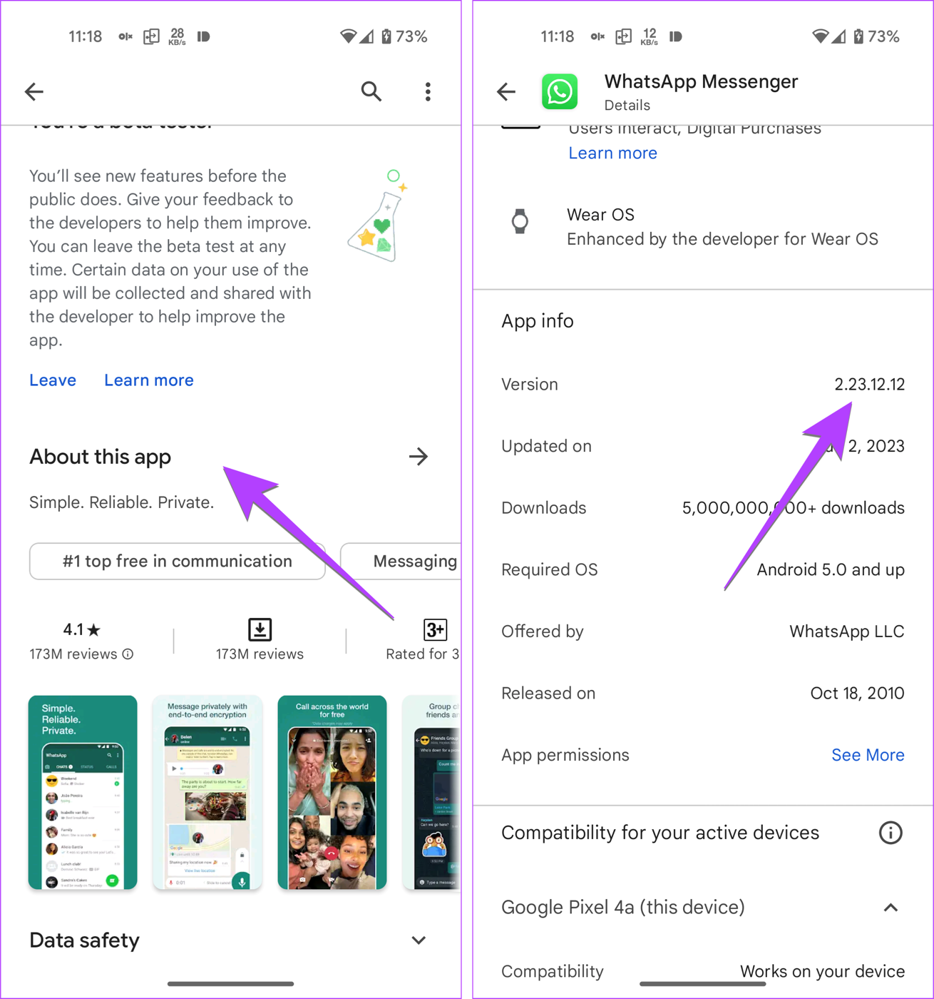 A Play Store listing with About this app, and the app details screen showing the Version row